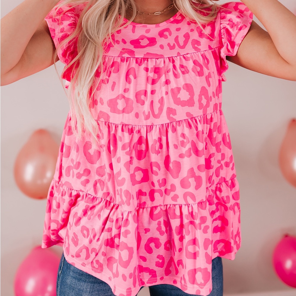 LEOPARD ROUND NECK TIERED BLOUSE